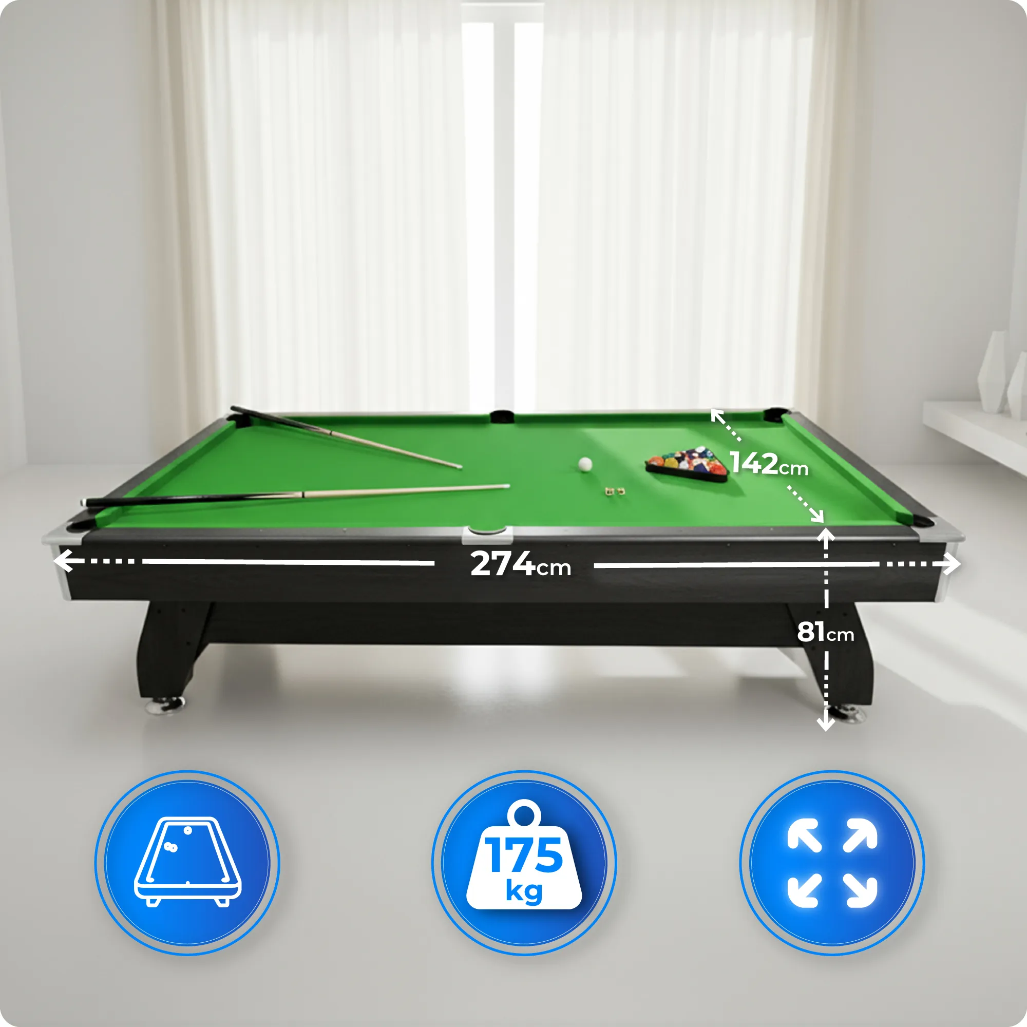 Technical Data of BOLD-BLACK-9FT Pool Table