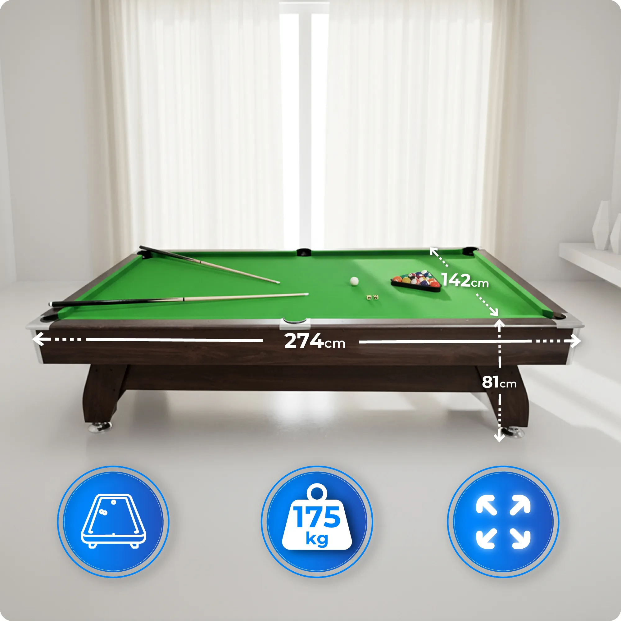 Technical data of BOLD-BROWN-9FT pool table