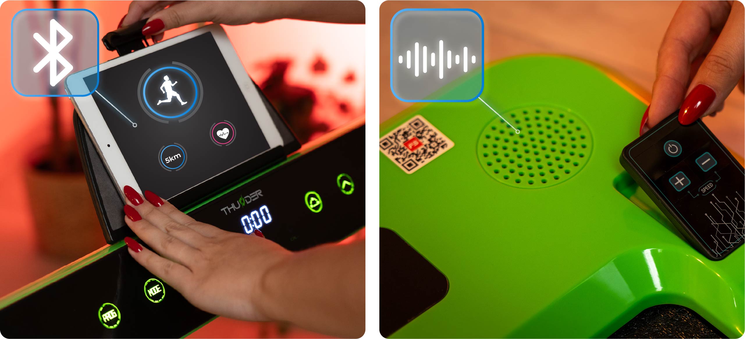 Thunder RACE treadmill control panel with visible tablet and FitShow app